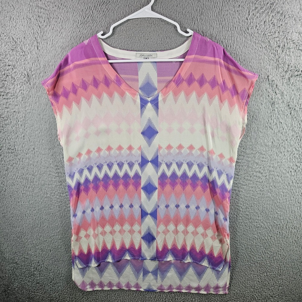 John Mark Womens Silk Ikat Print V-Neck Blouse Purple Pink Geometric Top Medium